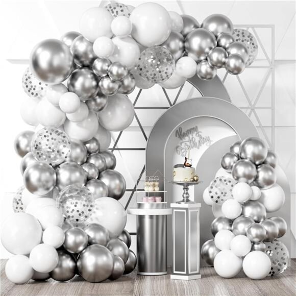 White Silver Balloon Garland Kit,100Pcs White Silver Metallic Chrome and Silver - Picture 1 of 7